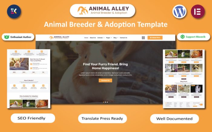 Animal Alley - Hayvan Yetiştiricisi ve Evlat Edinme WordPress Elememtor Teması