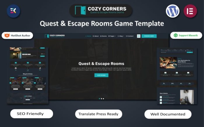 Cozy Corners - Quest & Escape Rooms Oyunu WordPress Elementor Teması