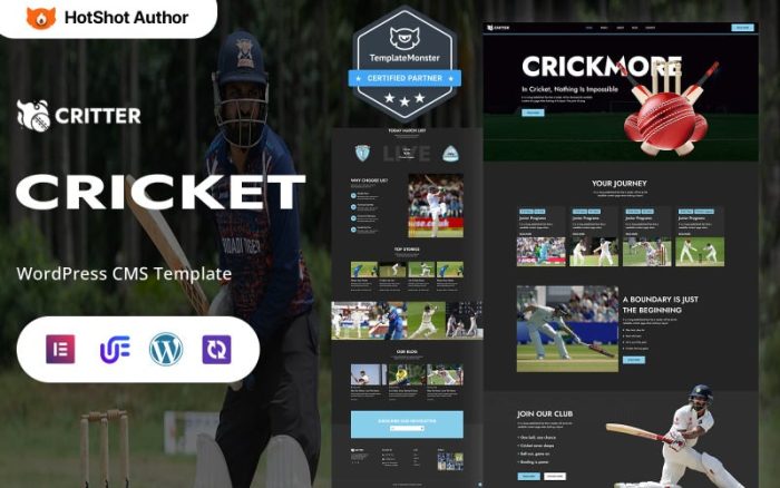 Critter - Kriket Akademisi ve Turnuva WordPress Elementor Teması