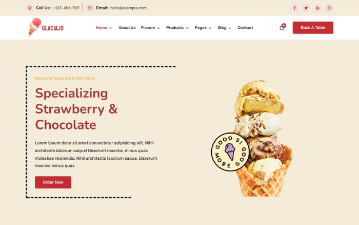 Glaciajo - Dondurma ve Çevrimiçi Yiyecek Mağazası WooCommerce ve WordPress Teması