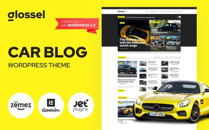 Glossel - WordPress Elementor Temasına Dayalı Araba Blog Web Sitesi Teması