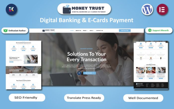 Money Trust - Dijital Bankacılık ve E-Kartlarla Ödeme WordPress Elementor Teması